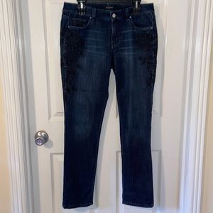 White House Black Market Size 10 Jeans with Black Flower Embroidery